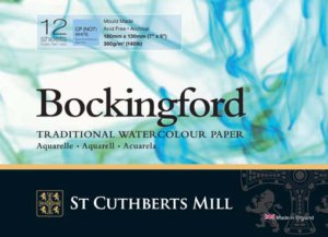 Bockingford is a beautiful English watercolour paper traditionally made on a cylinder mould machine at St Cuthberts Mill. This is a high quality paper made using pure materials to archival standards. Its attractive surface is created using natural woollen felts that give it a distinctive random texture. Appreciated for its excellent colour lifting abilities. This is an extremely forgiving watercolour paper valued by professional and amateur artists around the world.